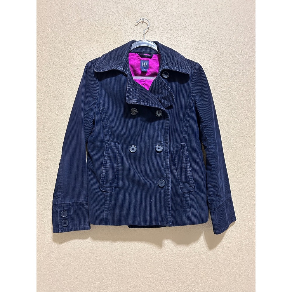 Y2K Vintage Quilted Gap Medium Corduroy Pea Coat Navy Blue Academia Jacket